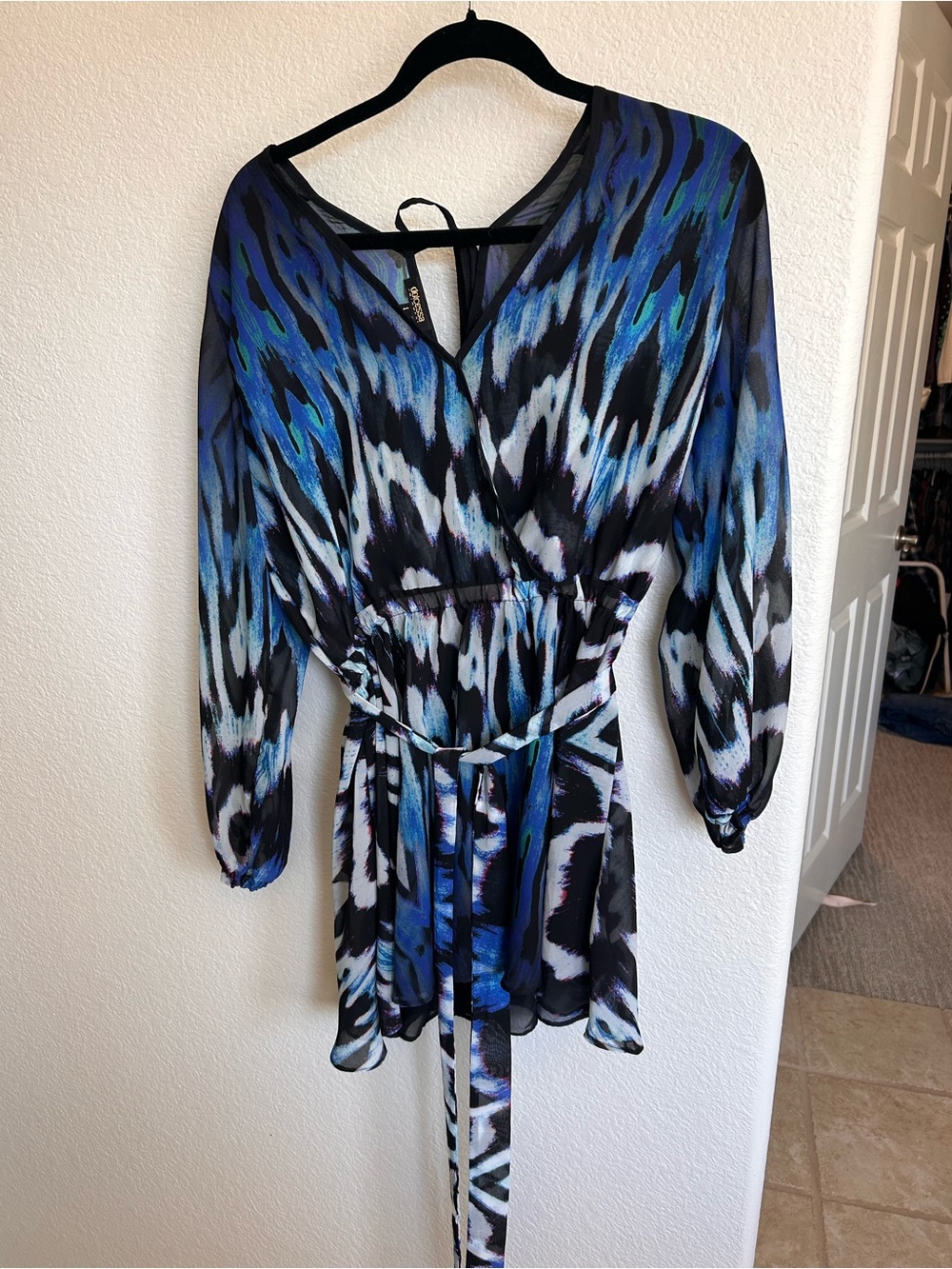 Dolcessa Blue & Black Printed Long-Sleeve Wrap Dress with Tie Waist